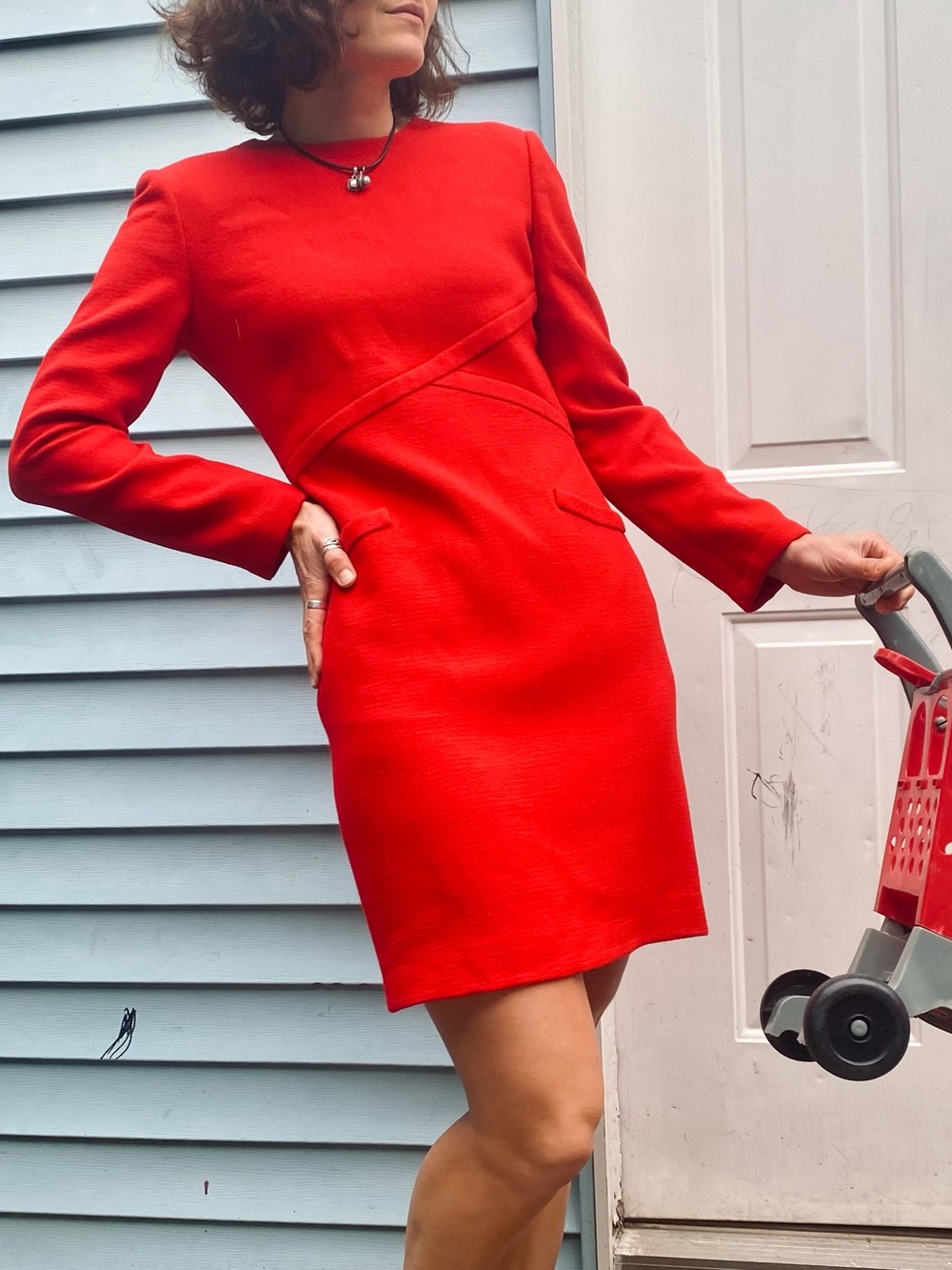 Vintage 80s 90s bill blass Red Long-Sleeve Mini wool Shift Dress retro mod